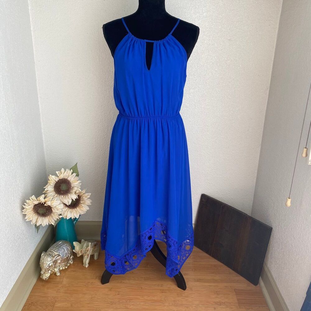 Blue Flowy Dress - Knit Hem Detail - Med
